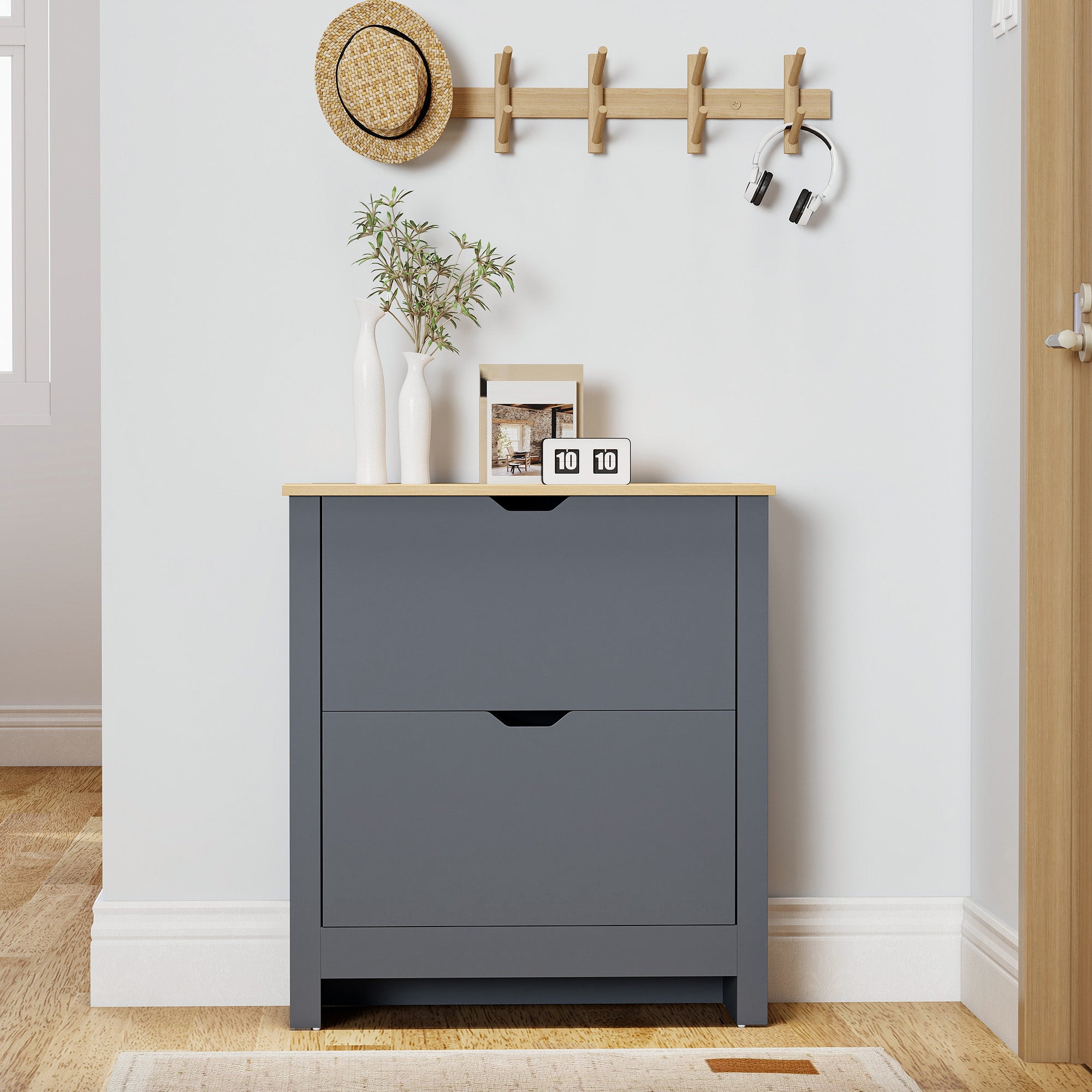 Shoe Cabinet with 2 Tilt-Out Compartments, Narrow Shoe Storage with Adjustable Divider, Holds up to 12 Pairs — 28.3 x 10.2 x 31.5 in (72 x 26 x 80 cm), Dark Gray