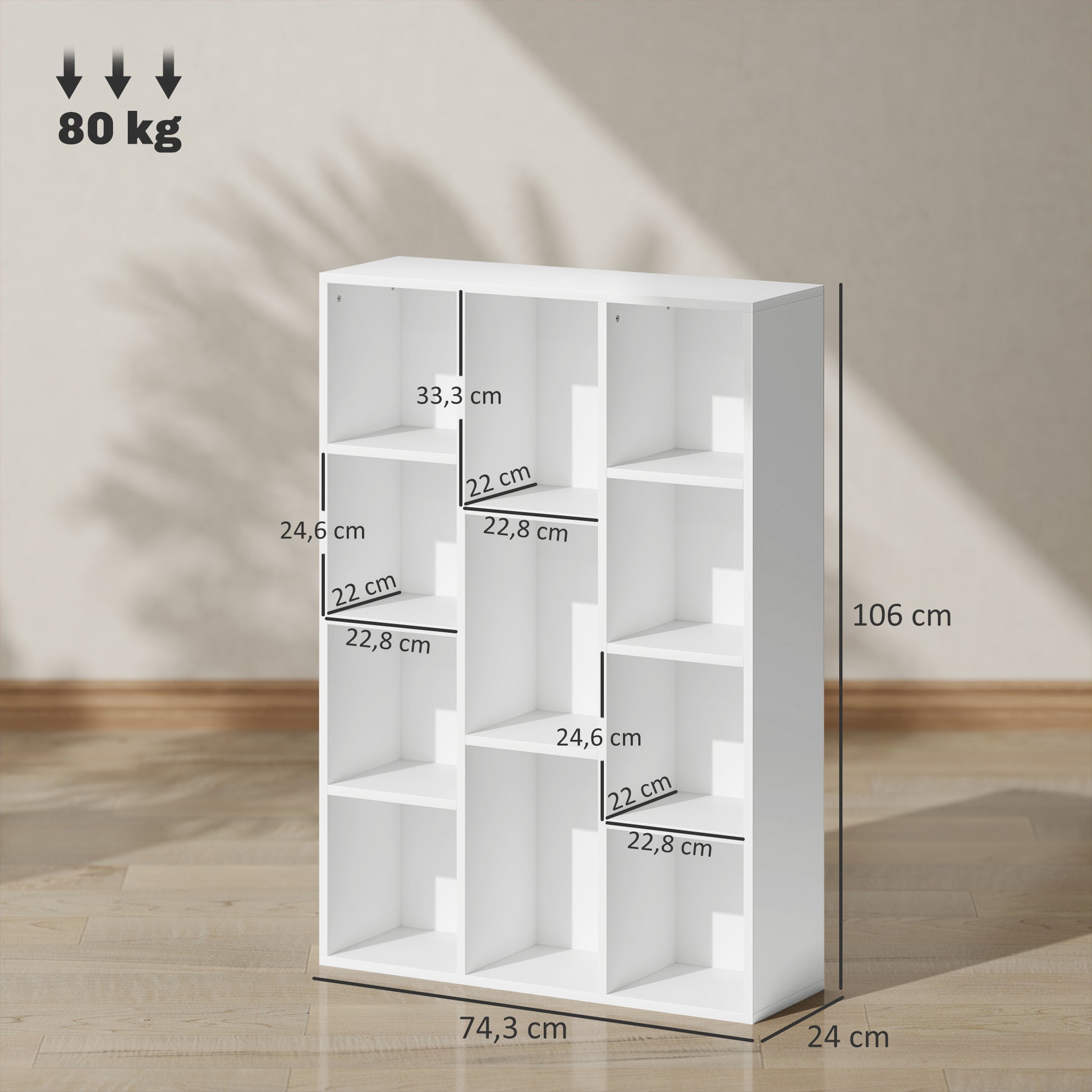 4-Tier Bookshelf Storage Shelf with 11 Compartments Vertical or Horizontal Design for Living Room Office Bedroom 74.3x24x106 cm White