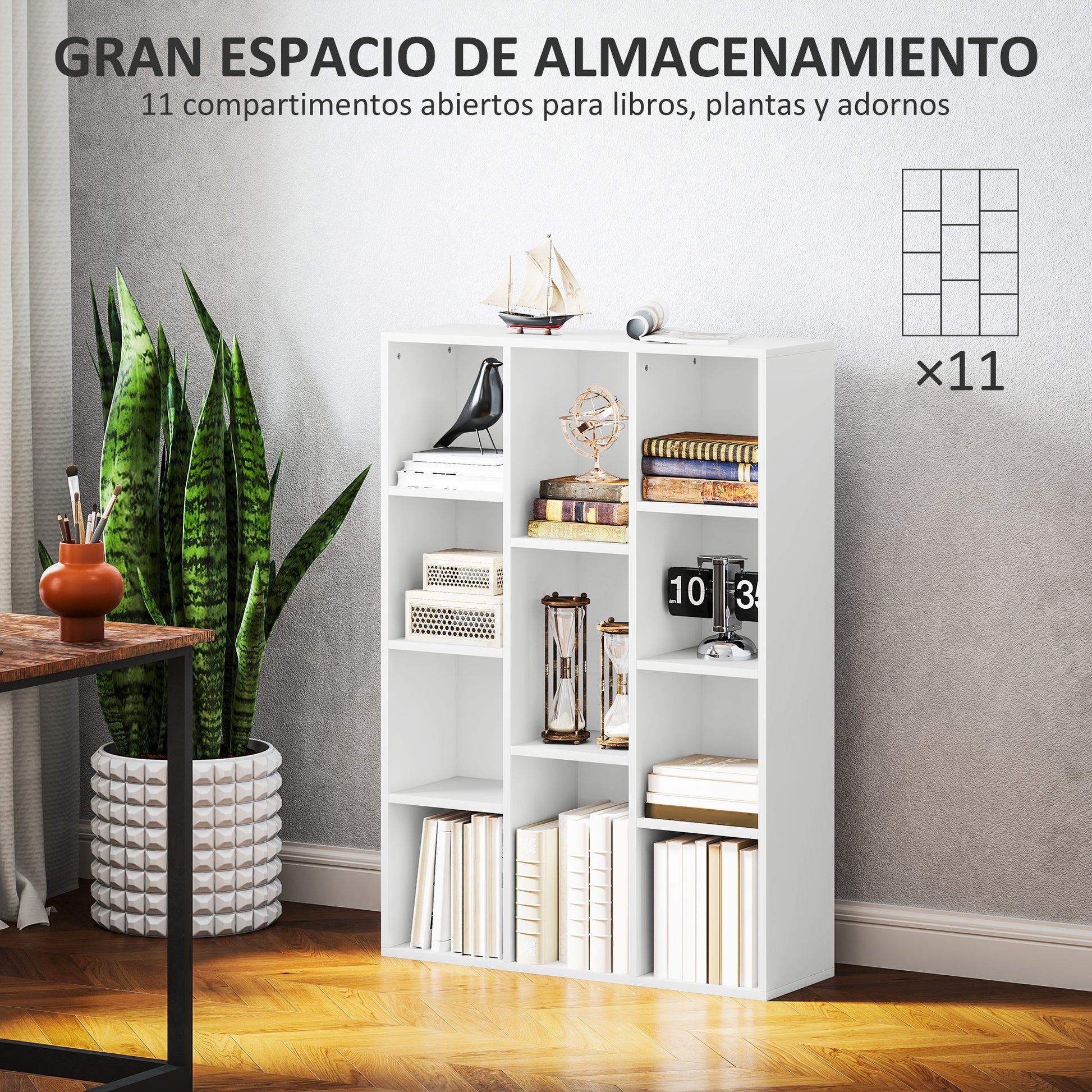 4-Tier Bookshelf Storage Shelf with 11 Compartments Vertical or Horizontal Design for Living Room Office Bedroom 74.3x24x106 cm White