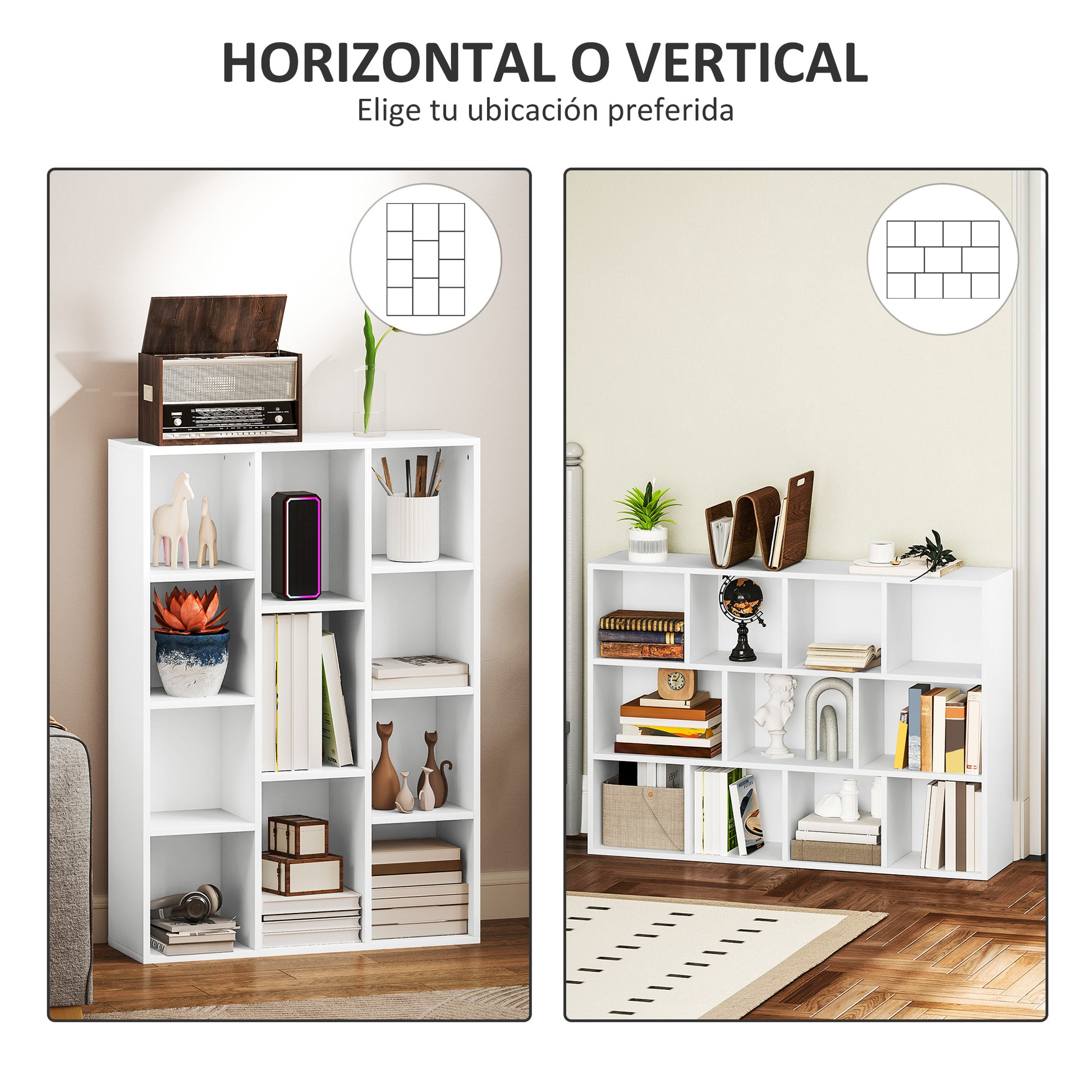 4-Tier Bookshelf Storage Shelf with 11 Compartments Vertical or Horizontal Design for Living Room Office Bedroom 74.3x24x106 cm White