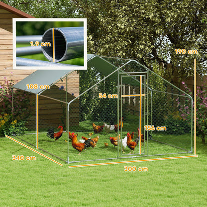Outdoor Chicken Coop, 3x3.4x1.9m 10.2m² Zinc-Coated Steel Enclosure for 10-15 Chickens, Chicken Cage with Waterproof Anti-UV Roof and Lock, for Small Animals Ducks and Rabbits