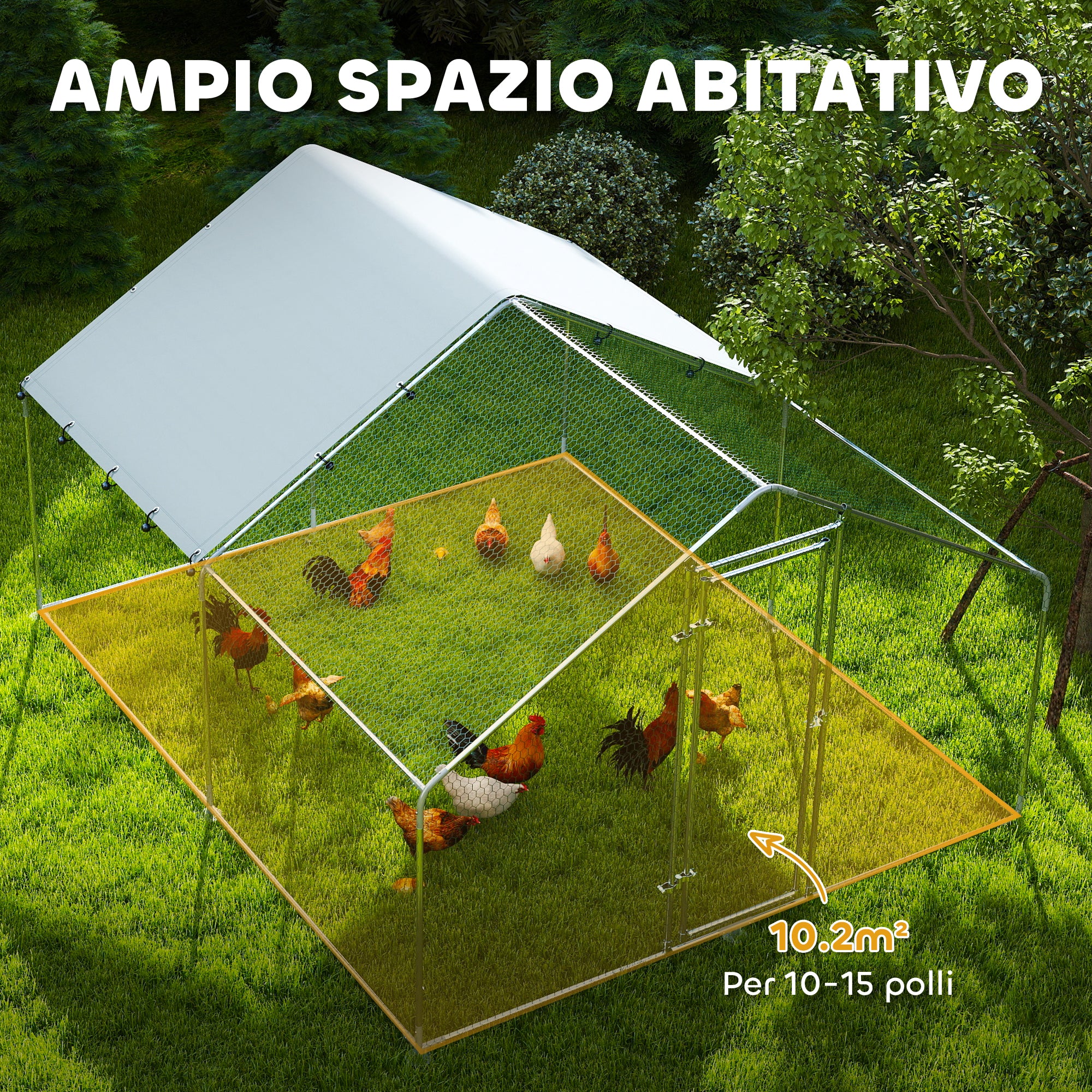Outdoor Chicken Coop, 3x3.4x1.9m 10.2m² Zinc-Coated Steel Enclosure for 10-15 Chickens, Chicken Cage with Waterproof Anti-UV Roof and Lock, for Small Animals Ducks and Rabbits