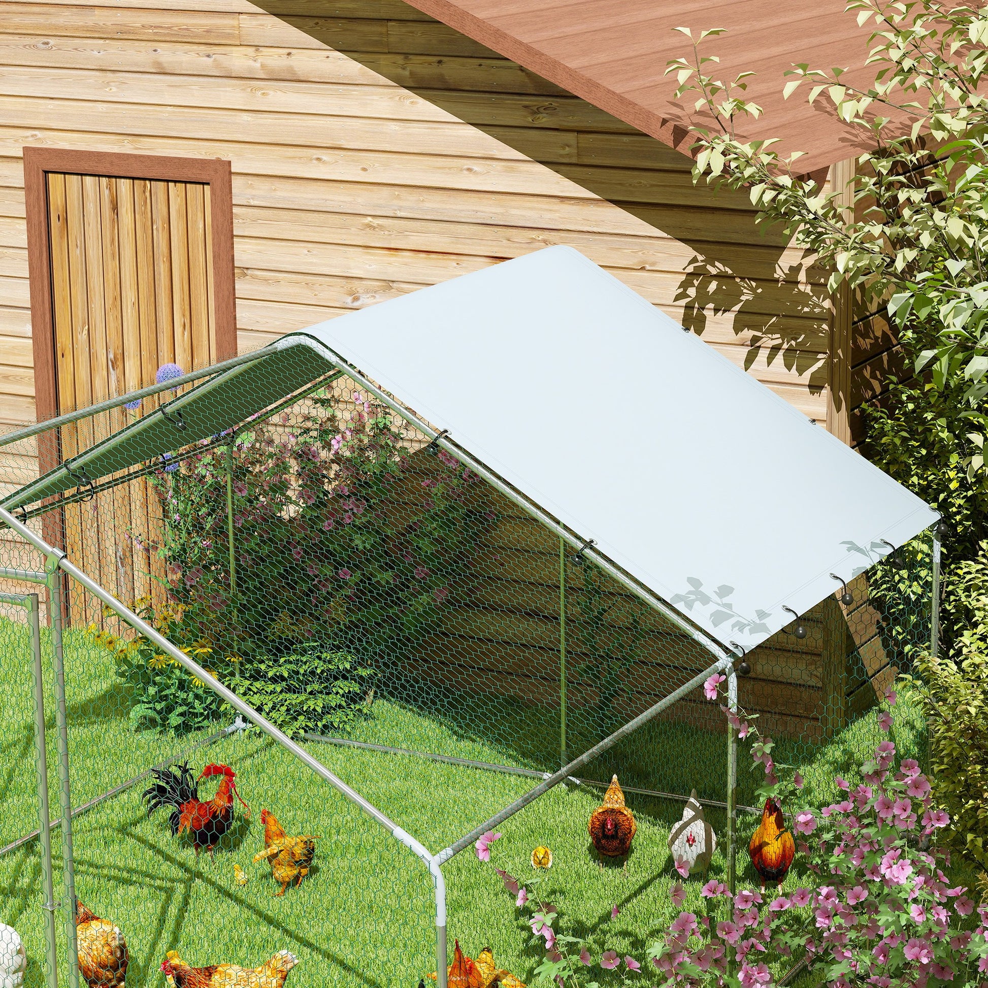 Outdoor Chicken Coop, 3x3.4x1.9m 10.2m² Zinc-Coated Steel Enclosure for 10-15 Chickens, Chicken Cage with Waterproof Anti-UV Roof and Lock, for Small Animals Ducks and Rabbits