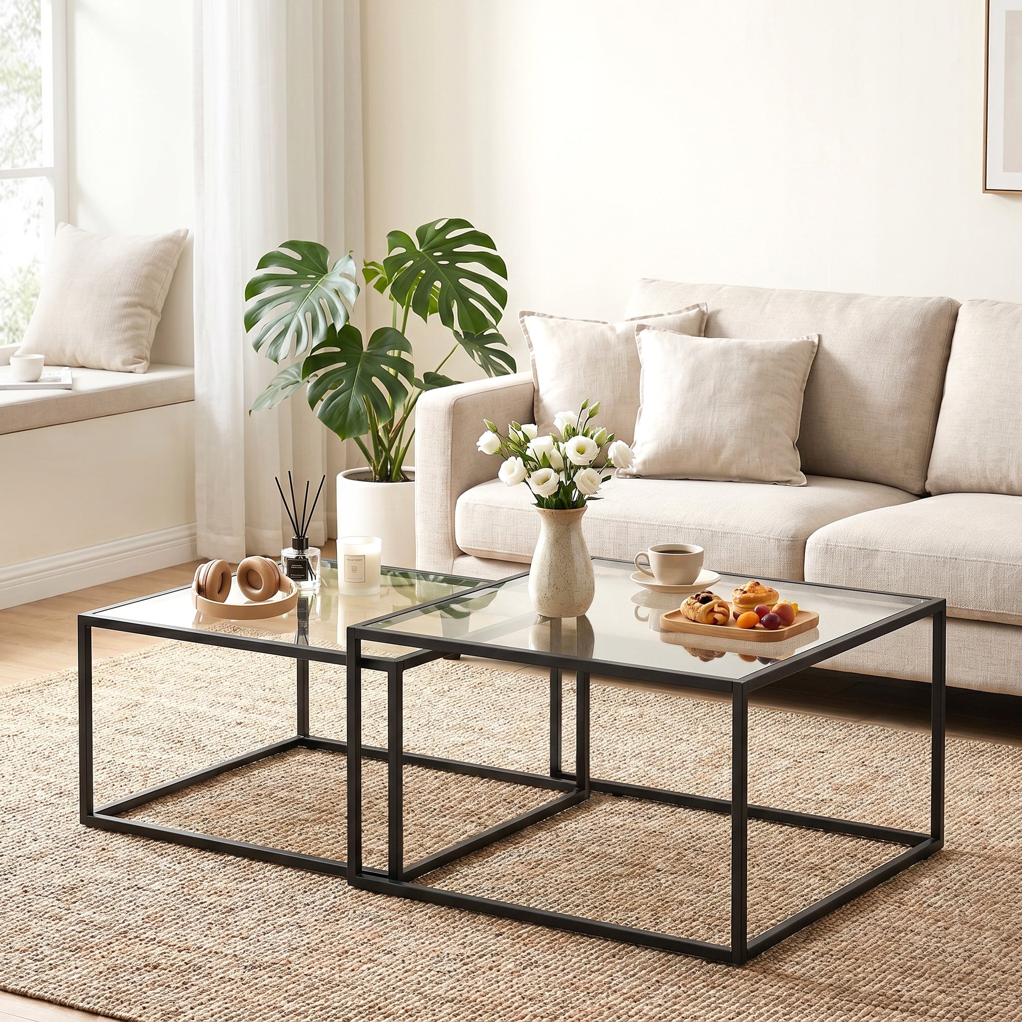 2-Piece Square Nesting Coffee Tables with Tempered Glass Tops & Metal Frame, Space-Saving Black — Large: 29.5 x 29.5 x 16.5 in; Small: 25.6 x 25.6 x 14.2 in