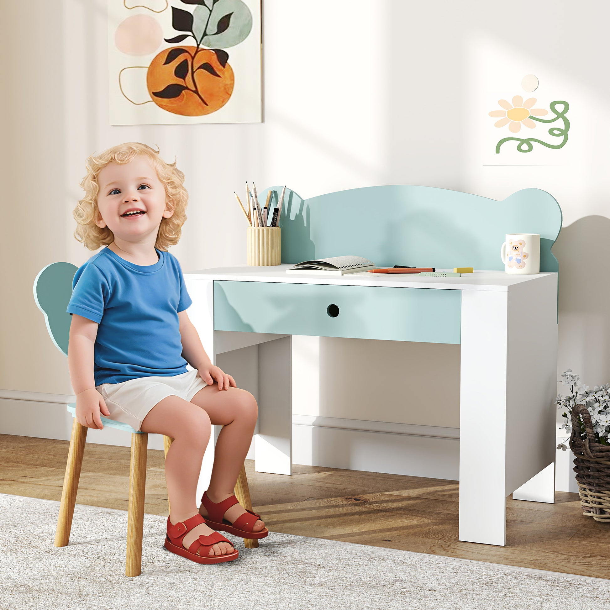 Children's Desk Set with Chair, Study Table with Drawer, Bear-Shaped Backrest, Age 3-8 Years, Green