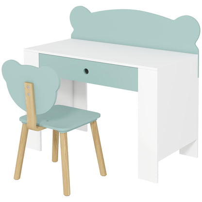 Children's Desk Set with Chair, Study Table with Drawer, Bear-Shaped Backrest, Age 3-8 Years, Green