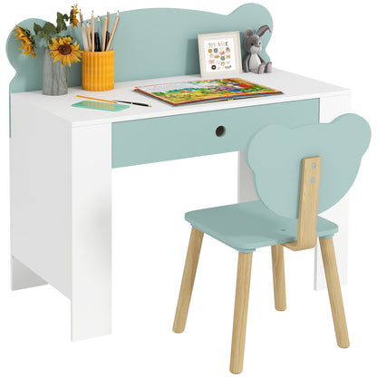 Children's Desk Set with Chair, Study Table with Drawer, Bear-Shaped Backrest, Age 3-8 Years, Green