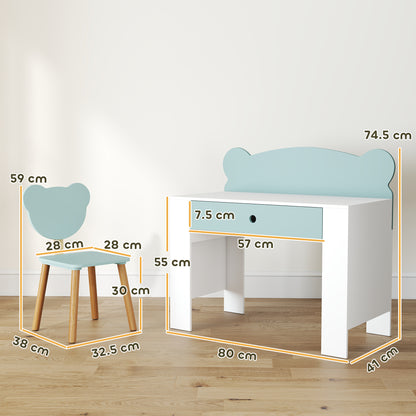 Children's Desk Set with Chair, Study Table with Drawer, Bear-Shaped Backrest, Age 3-8 Years, Green