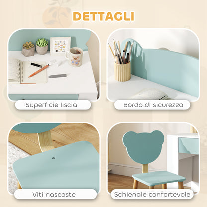 Children's Desk Set with Chair, Study Table with Drawer, Bear-Shaped Backrest, Age 3-8 Years, Green