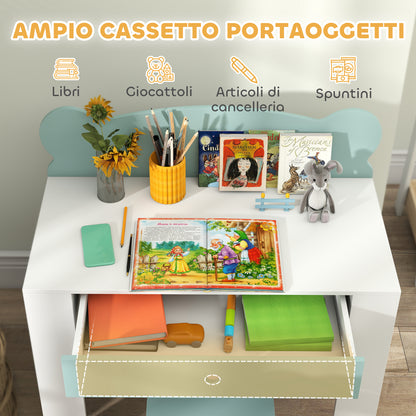 Children's Desk Set with Chair, Study Table with Drawer, Bear-Shaped Backrest, Age 3-8 Years, Green