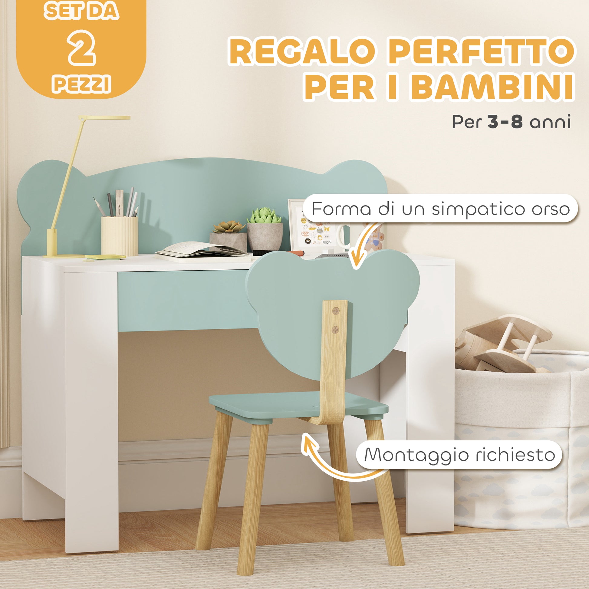 Children's Desk Set with Chair, Study Table with Drawer, Bear-Shaped Backrest, Age 3-8 Years, Green