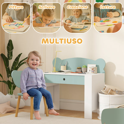Children's Desk Set with Chair, Study Table with Drawer, Bear-Shaped Backrest, Age 3-8 Years, Green