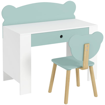 Children's Desk Set with Chair, Study Table with Drawer, Bear-Shaped Backrest, Age 3-8 Years, Green