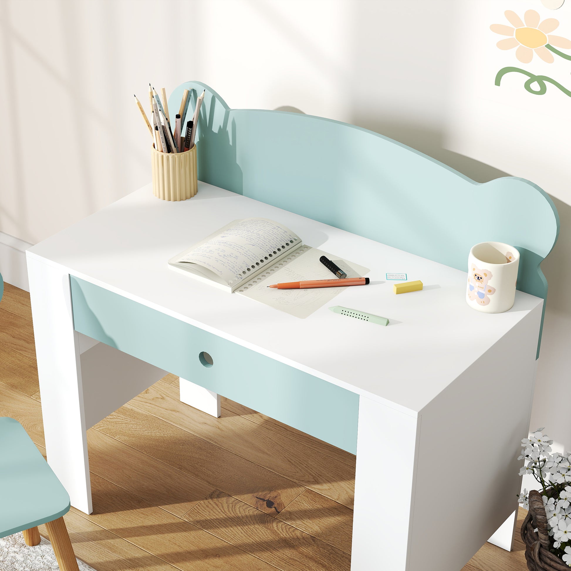 Children's Desk Set with Chair, Study Table with Drawer, Bear-Shaped Backrest, Age 3-8 Years, Green