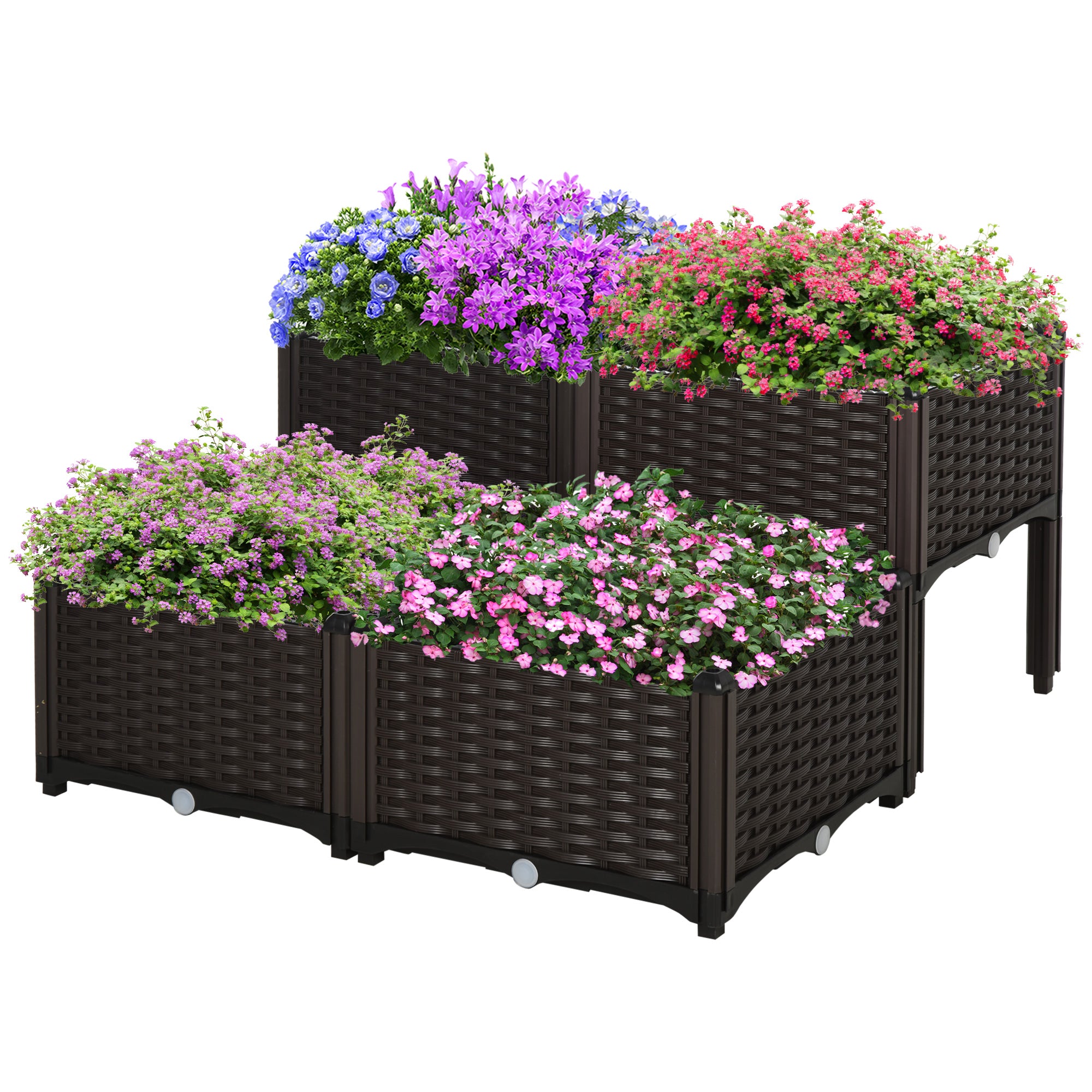 Raised Bed, Planter with Drainage Holes, Flower Box in Rattan Look, Plastic, Brown, 40 x 40 x 44 cm