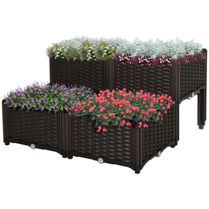 Raised Bed, Planter with Drainage Holes, Flower Box in Rattan Look, Plastic, Brown, 40 x 40 x 44 cm
