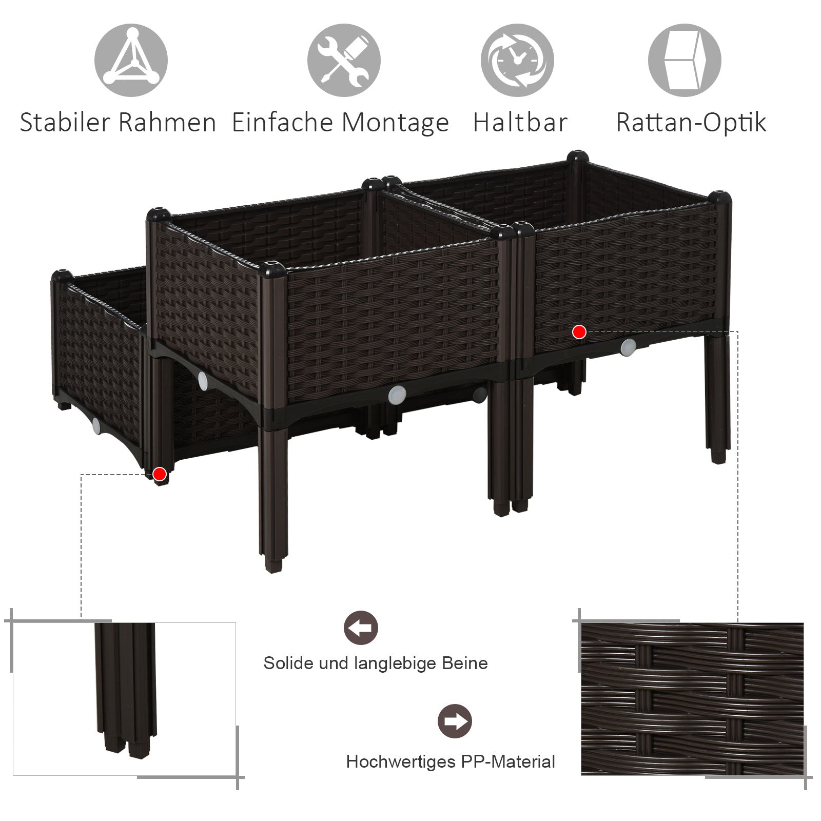 Raised Bed, Planter with Drainage Holes, Flower Box in Rattan Look, Plastic, Brown, 40 x 40 x 44 cm