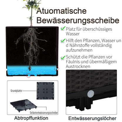 Raised Bed, Planter with Drainage Holes, Flower Box in Rattan Look, Plastic, Brown, 40 x 40 x 44 cm