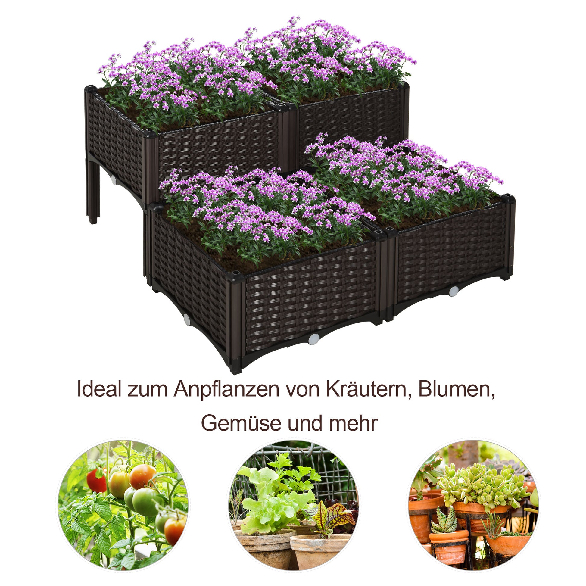 Raised Bed, Planter with Drainage Holes, Flower Box in Rattan Look, Plastic, Brown, 40 x 40 x 44 cm