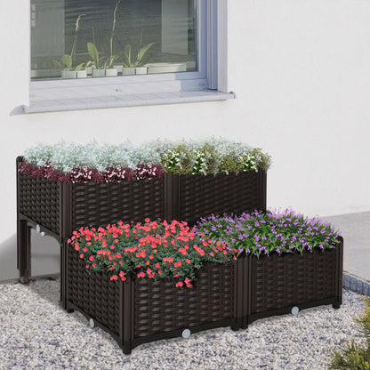 Raised Bed, Planter with Drainage Holes, Flower Box in Rattan Look, Plastic, Brown, 40 x 40 x 44 cm