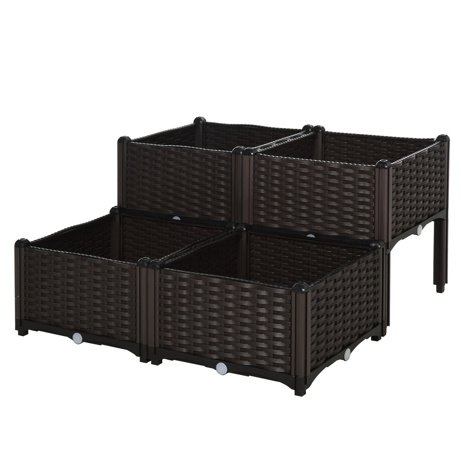 Raised Bed, Planter with Drainage Holes, Flower Box in Rattan Look, Plastic, Brown, 40 x 40 x 44 cm