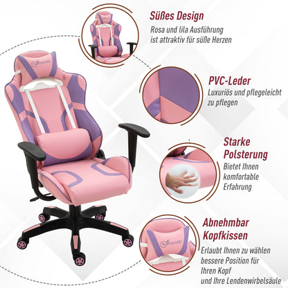 Ergonomic Gaming Chair Office Chair Swivel Chair Adjustable Massage Lumbar Pillow Height Adjustable Pink & Purple 69x56x125.5 cm
