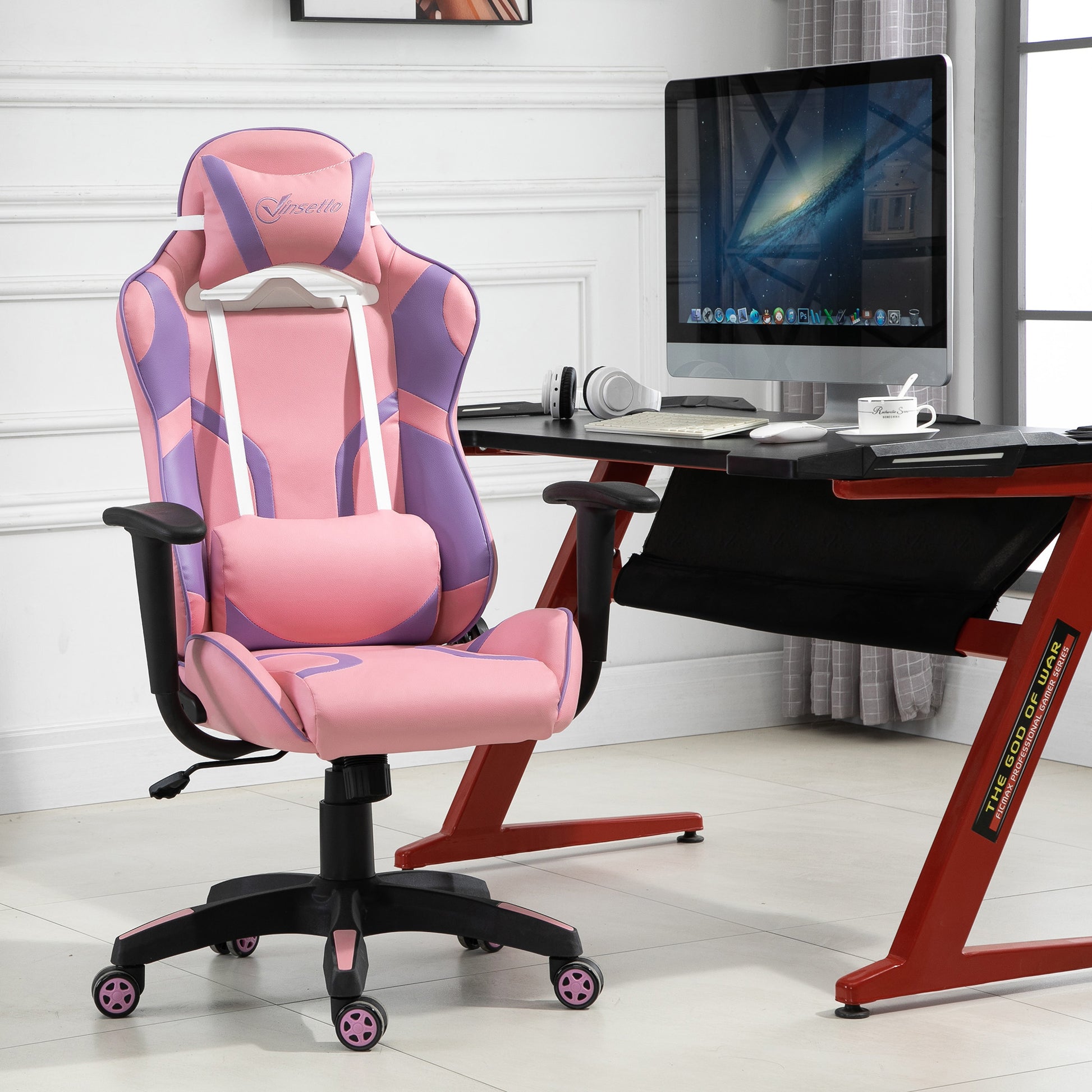 Ergonomic Gaming Chair Office Chair Swivel Chair Adjustable Massage Lumbar Pillow Height Adjustable Pink & Purple 69x56x125.5 cm
