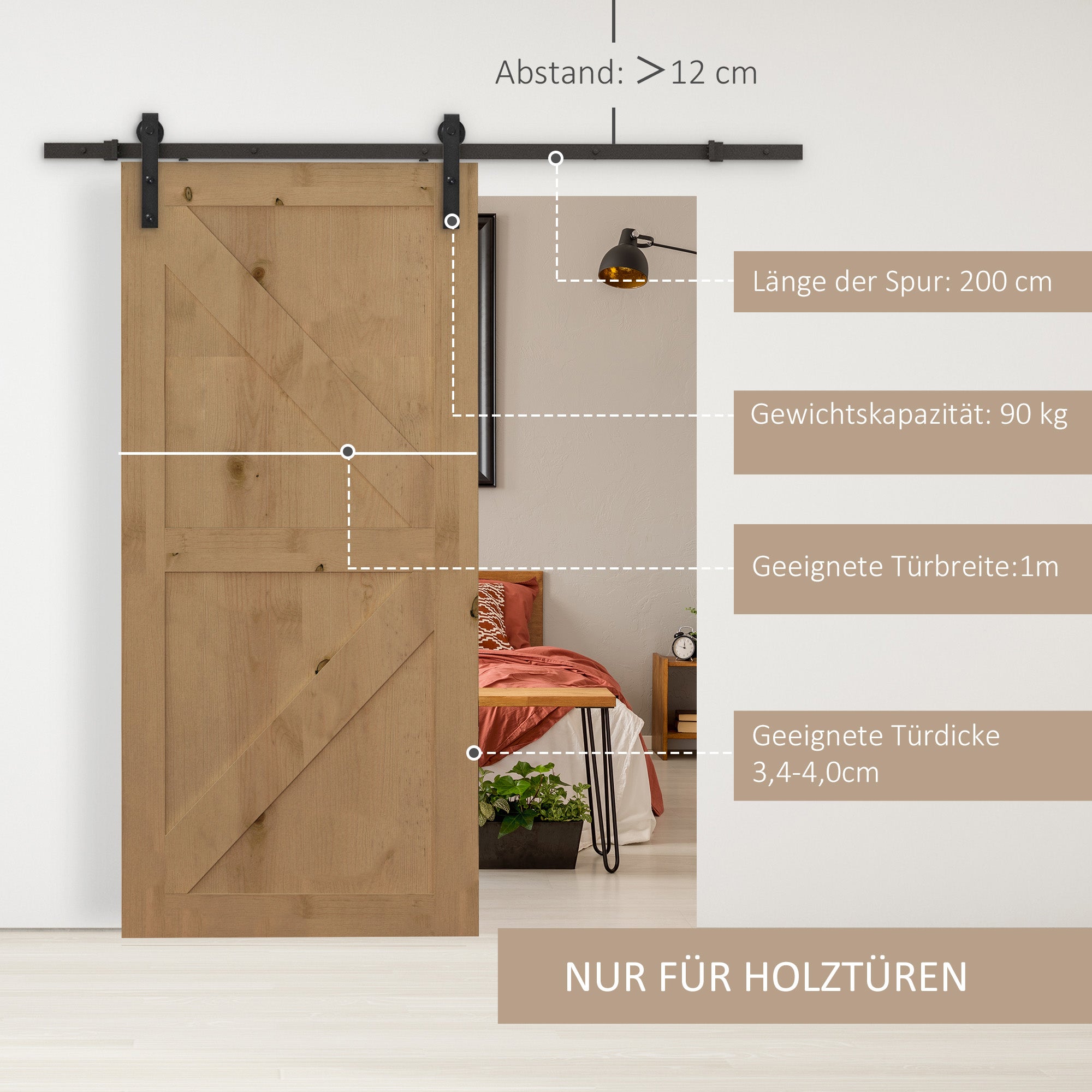 Sliding Door Hardware Kit 200 cm Complete Set with Rails, Rollers, Rail Stops, Floor Block, Set of Door Screws, Sliding Door System made of Carbon Steel Black