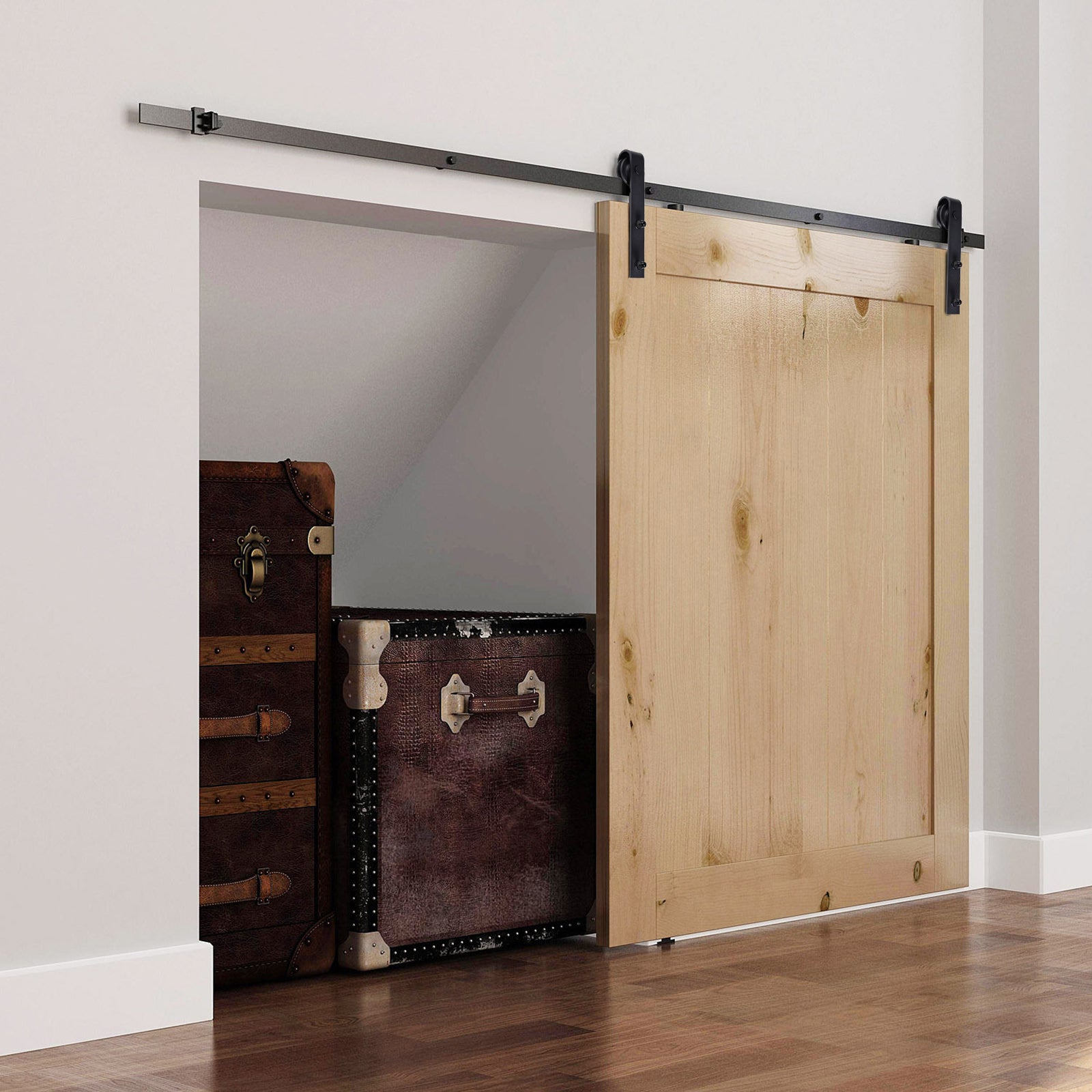 Sliding Door Hardware Kit 200 cm Complete Set with Rails, Rollers, Rail Stops, Floor Block, Set of Door Screws, Sliding Door System made of Carbon Steel Black
