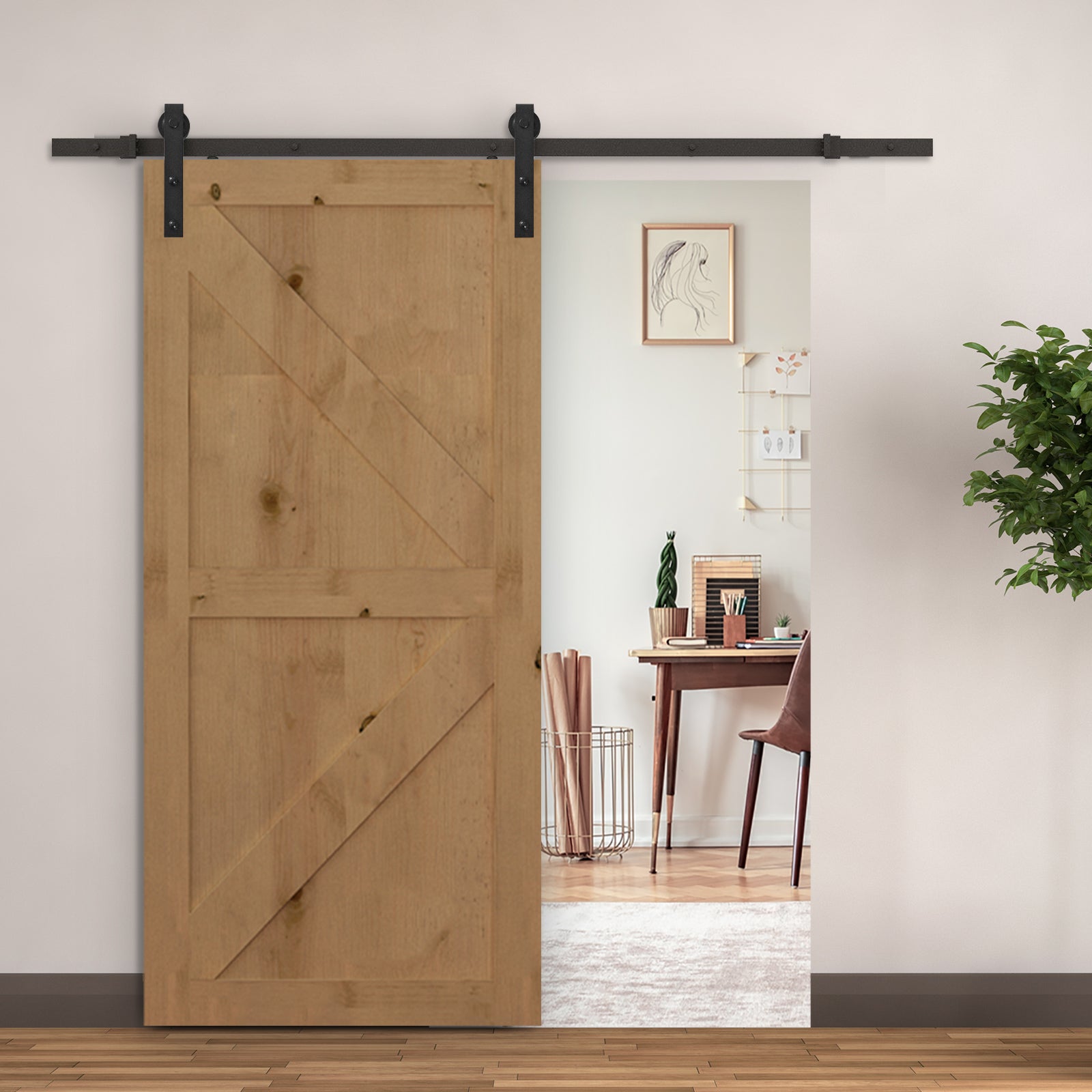 Sliding Door Hardware Kit 200 cm Complete Set with Rails, Rollers, Rail Stops, Floor Block, Set of Door Screws, Sliding Door System made of Carbon Steel Black
