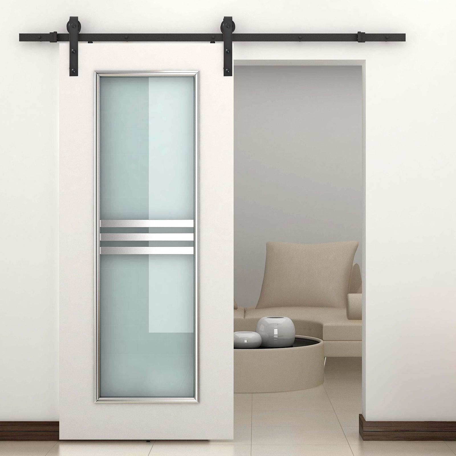 Sliding Door Hardware Kit 200 cm Complete Set with Rails, Rollers, Rail Stops, Floor Block, Set of Door Screws, Sliding Door System made of Carbon Steel Black