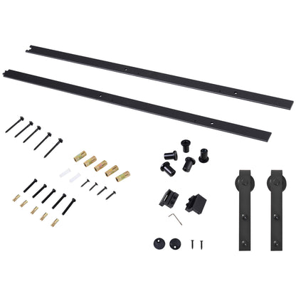 Sliding Door Hardware Kit 200 cm Complete Set with Rails, Rollers, Rail Stops, Floor Block, Set of Door Screws, Sliding Door System made of Carbon Steel Black