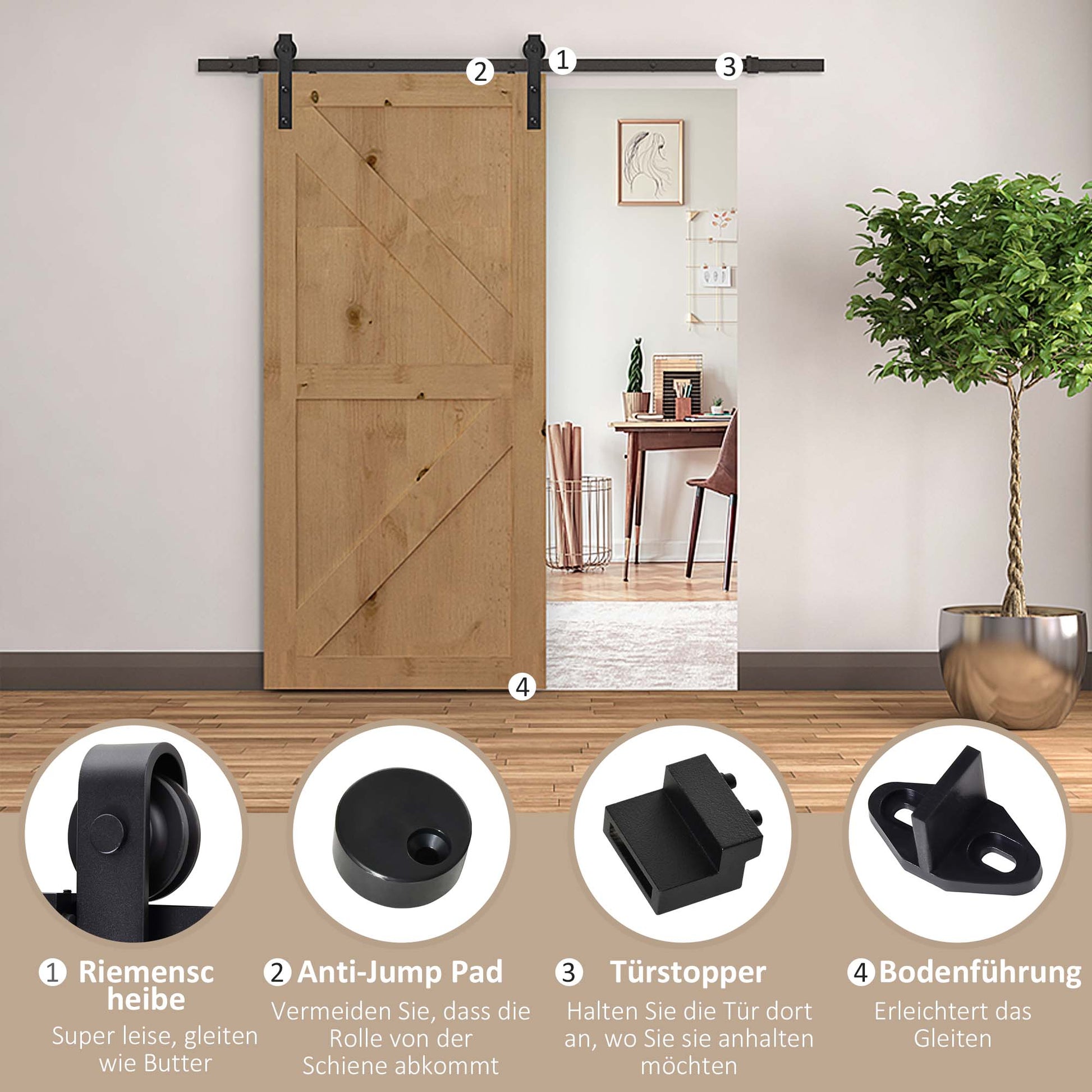 Sliding Door Hardware Kit 200 cm Complete Set with Rails, Rollers, Rail Stops, Floor Block, Set of Door Screws, Sliding Door System made of Carbon Steel Black
