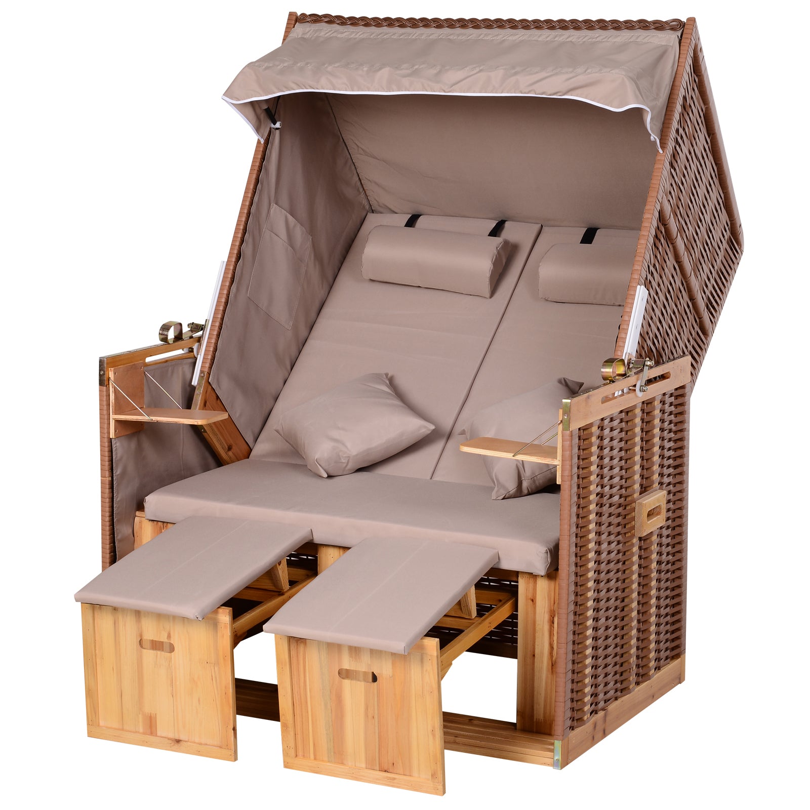 Baltic Sea Full Reclining 2-Seater Beach Chair Winter-Proof Hardwood Beach Chairs with Roof Footstools Side Tables Beach Chair Cover, Beach Chair for Balcony, Garden Terrace, Beige