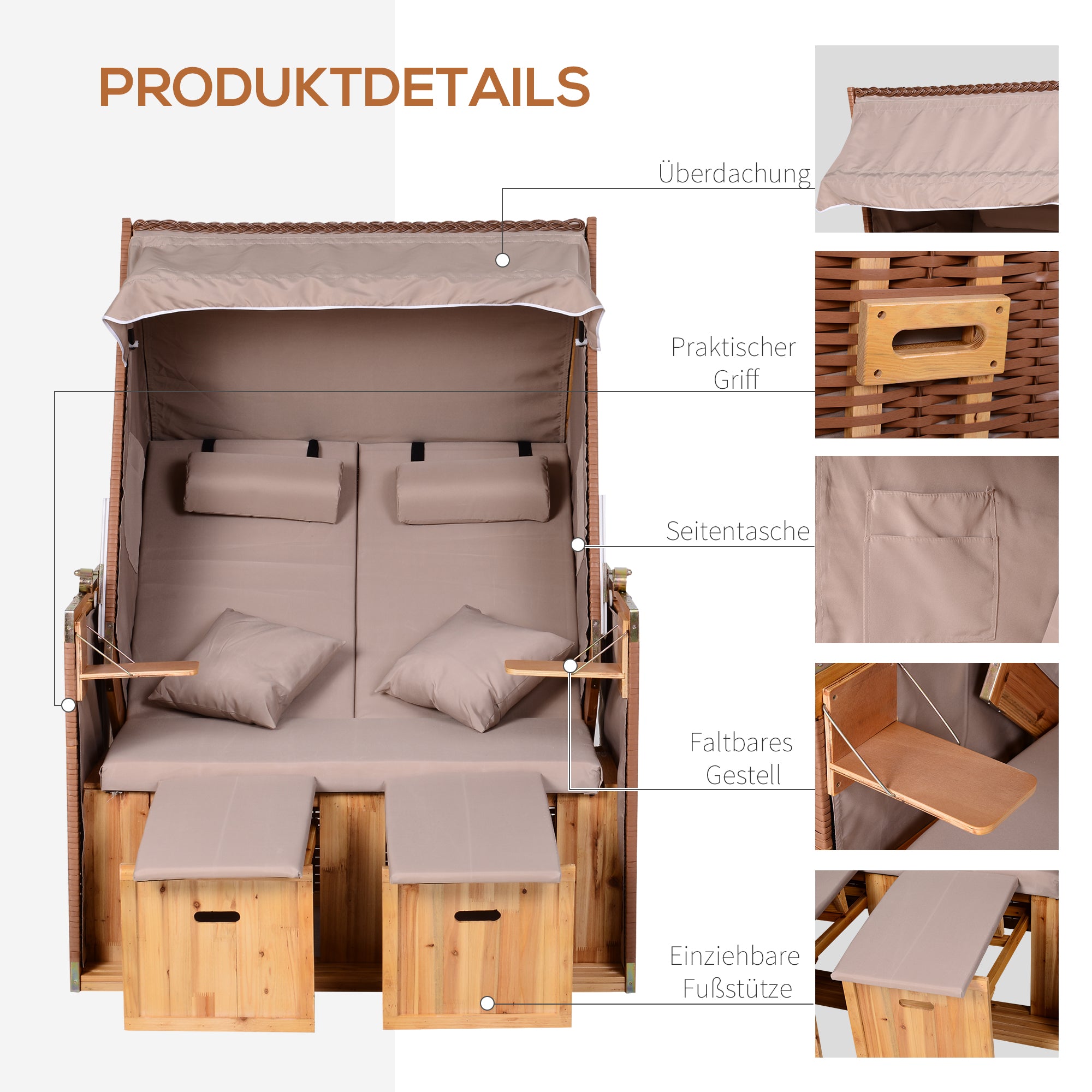Baltic Sea Full Reclining 2-Seater Beach Chair Winter-Proof Hardwood Beach Chairs with Roof Footstools Side Tables Beach Chair Cover, Beach Chair for Balcony, Garden Terrace, Beige