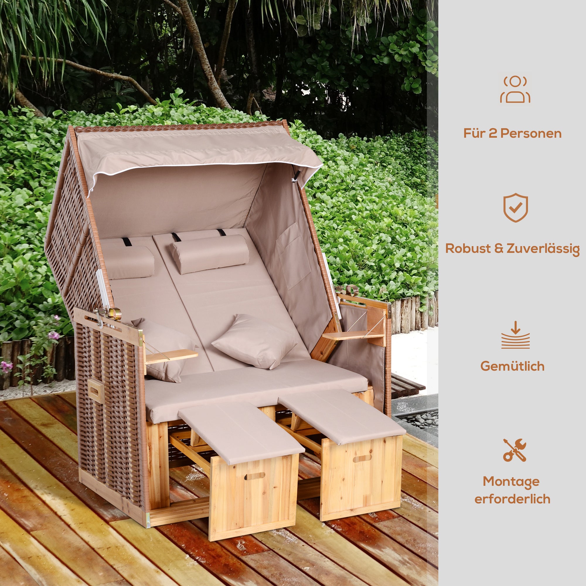 Baltic Sea Full Reclining 2-Seater Beach Chair Winter-Proof Hardwood Beach Chairs with Roof Footstools Side Tables Beach Chair Cover, Beach Chair for Balcony, Garden Terrace, Beige