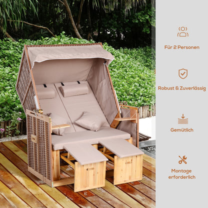 Baltic Sea Full Reclining 2-Seater Beach Chair Winter-Proof Hardwood Beach Chairs with Roof Footstools Side Tables Beach Chair Cover, Beach Chair for Balcony, Garden Terrace, Beige