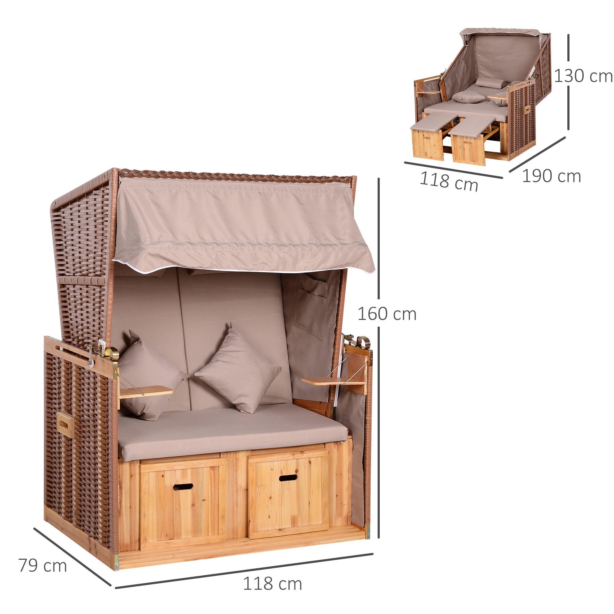 Baltic Sea Full Reclining 2-Seater Beach Chair Winter-Proof Hardwood Beach Chairs with Roof Footstools Side Tables Beach Chair Cover, Beach Chair for Balcony, Garden Terrace, Beige