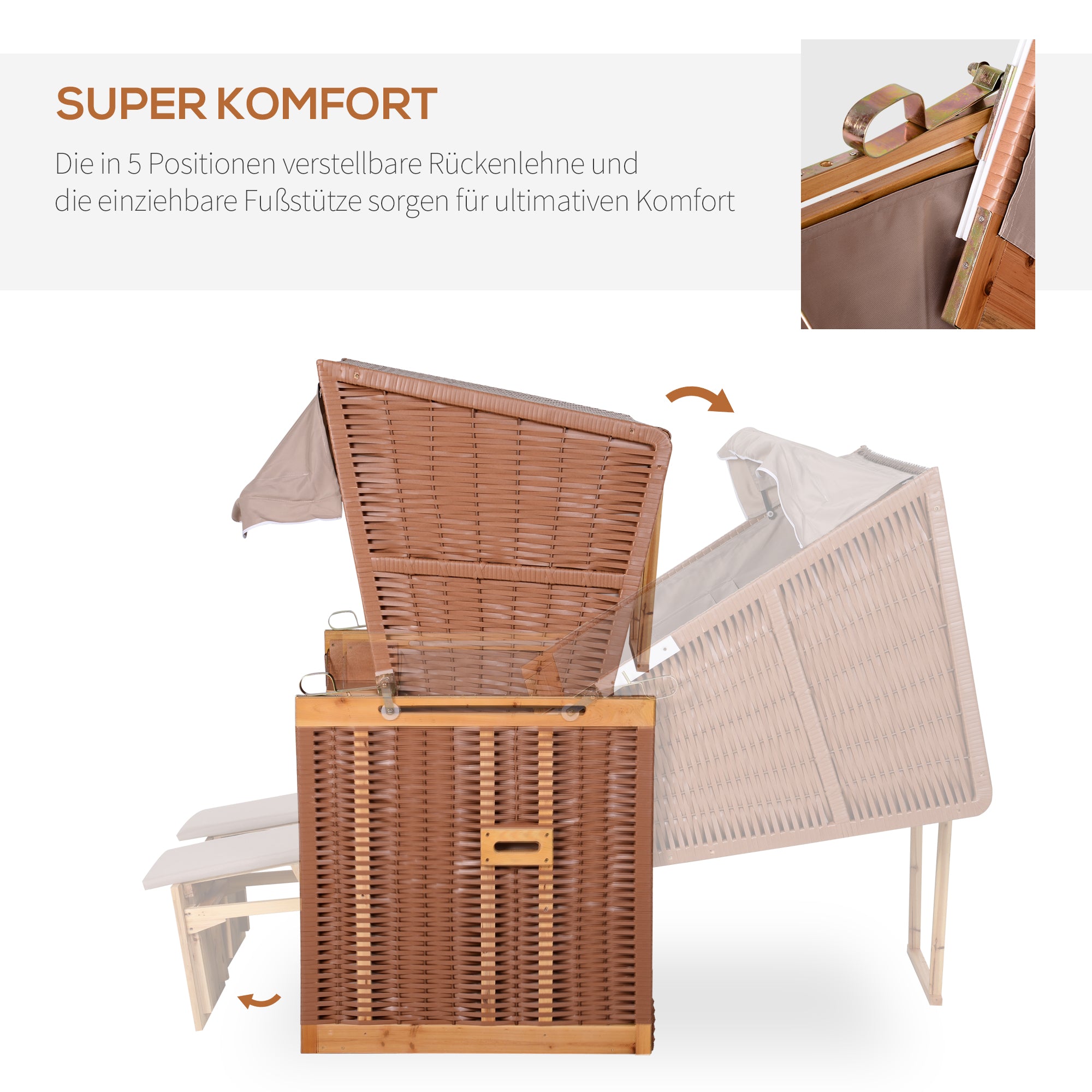 Baltic Sea Full Reclining 2-Seater Beach Chair Winter-Proof Hardwood Beach Chairs with Roof Footstools Side Tables Beach Chair Cover, Beach Chair for Balcony, Garden Terrace, Beige