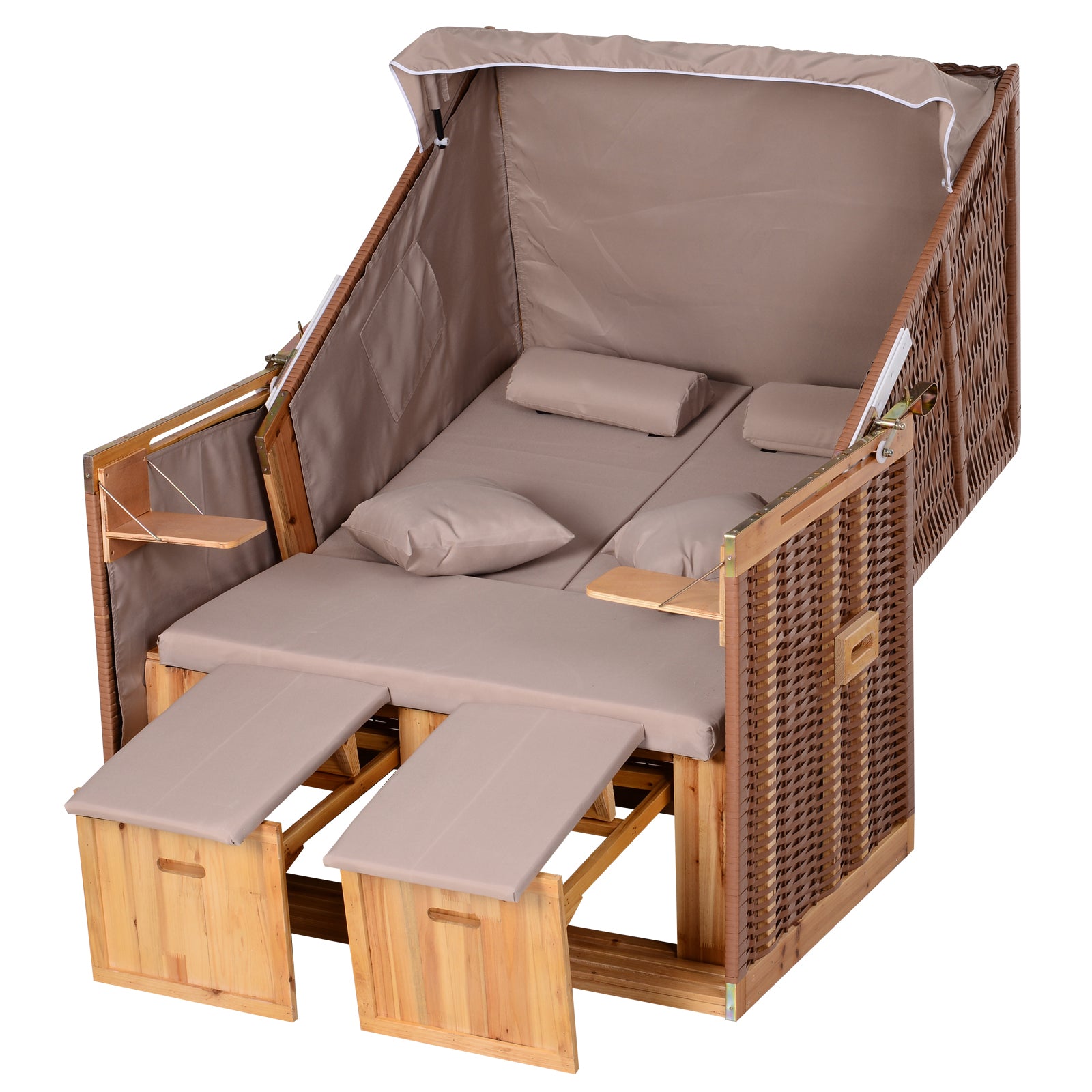 Baltic Sea Full Reclining 2-Seater Beach Chair Winter-Proof Hardwood Beach Chairs with Roof Footstools Side Tables Beach Chair Cover, Beach Chair for Balcony, Garden Terrace, Beige
