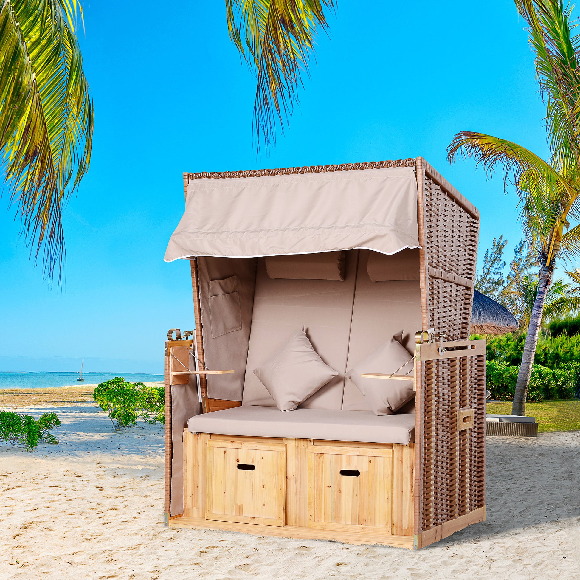Baltic Sea Full Reclining 2-Seater Beach Chair Winter-Proof Hardwood Beach Chairs with Roof Footstools Side Tables Beach Chair Cover, Beach Chair for Balcony, Garden Terrace, Beige