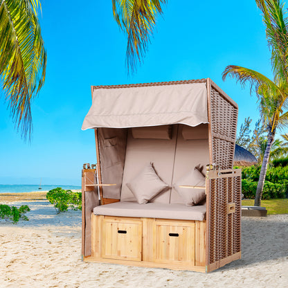 Baltic Sea Full Reclining 2-Seater Beach Chair Winter-Proof Hardwood Beach Chairs with Roof Footstools Side Tables Beach Chair Cover, Beach Chair for Balcony, Garden Terrace, Beige