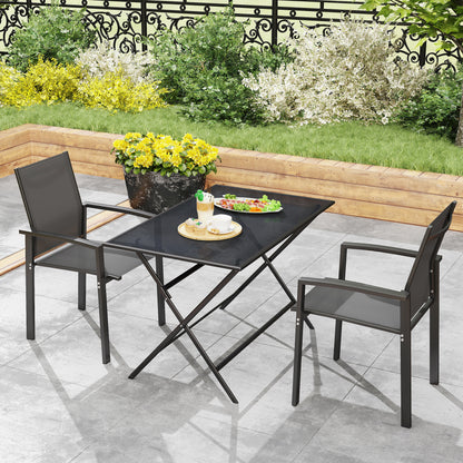 Set of 2 stackable outdoor breathable garden chairs with armrests, in aluminum and textilene for garden, pool, terrace, dark gray