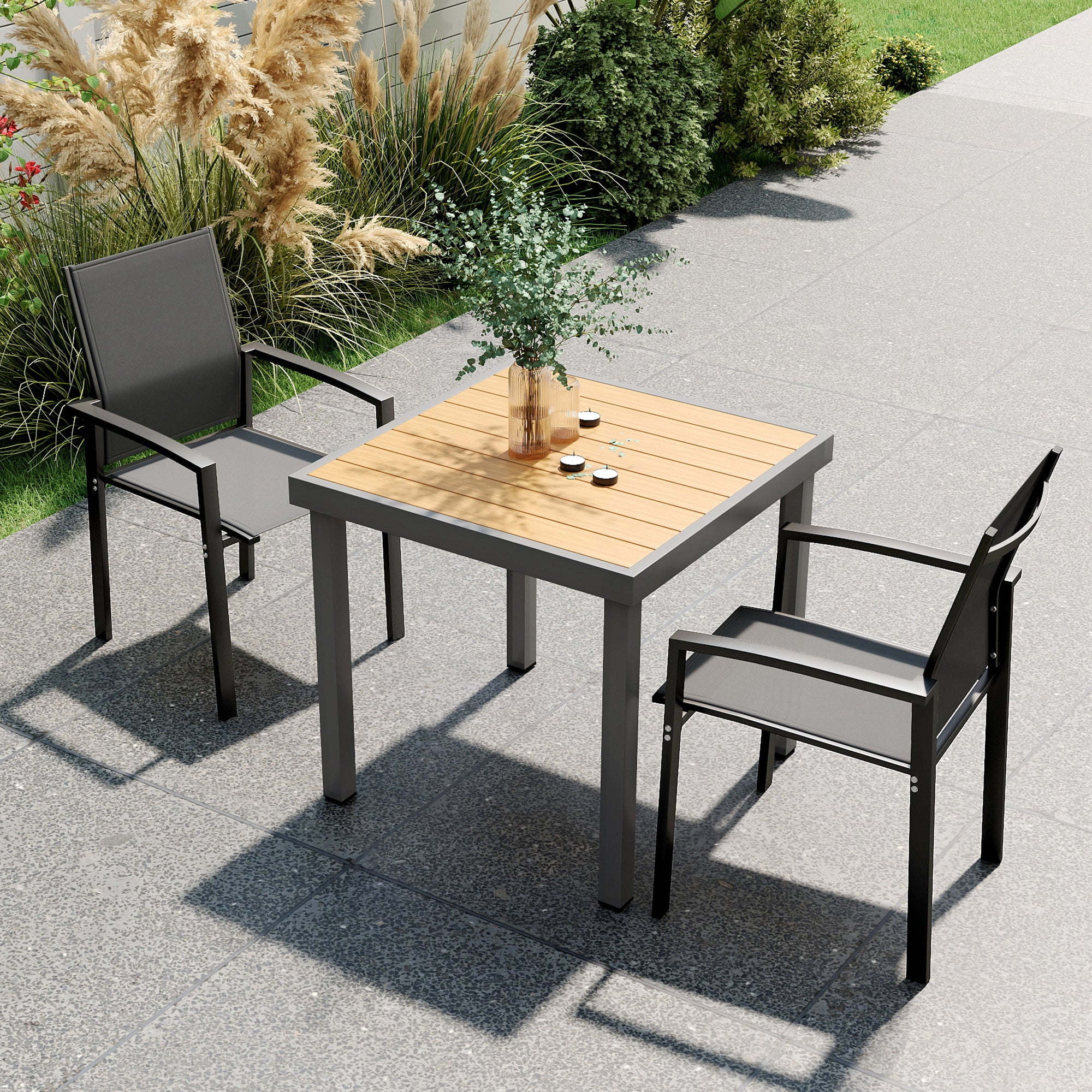 Set of 2 stackable outdoor breathable garden chairs with armrests, in aluminum and textilene for garden, pool, terrace, dark gray
