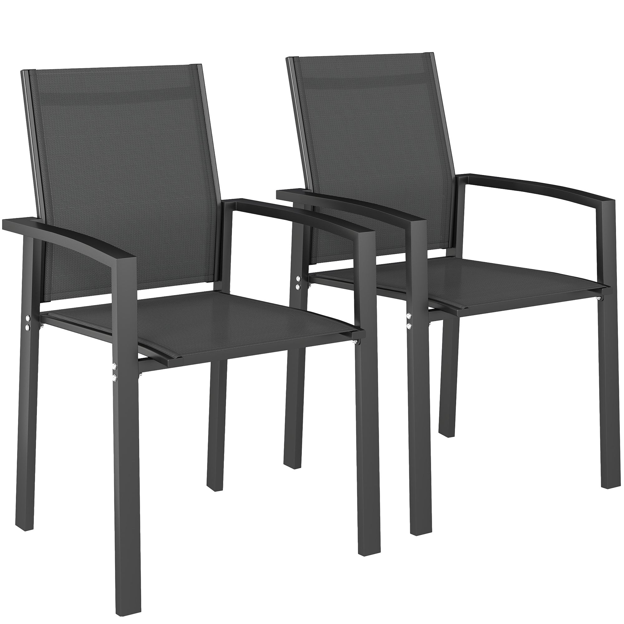 Set of 2 stackable outdoor breathable garden chairs with armrests, in aluminum and textilene for garden, pool, terrace, dark gray