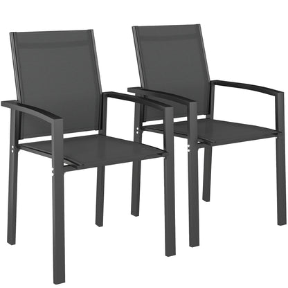 Set of 2 stackable outdoor breathable garden chairs with armrests, in aluminum and textilene for garden, pool, terrace, dark gray