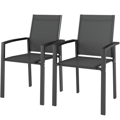 Set of 2 stackable outdoor breathable garden chairs with armrests, in aluminum and textilene for garden, pool, terrace, dark gray