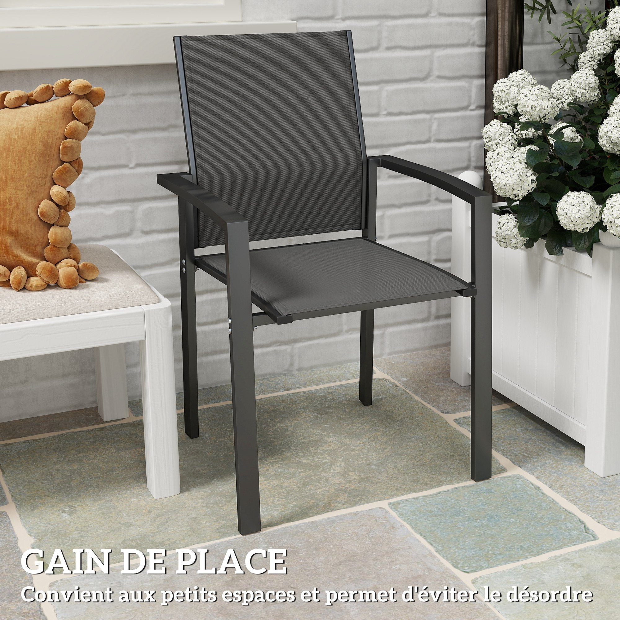 Set of 2 stackable outdoor breathable garden chairs with armrests, in aluminum and textilene for garden, pool, terrace, dark gray