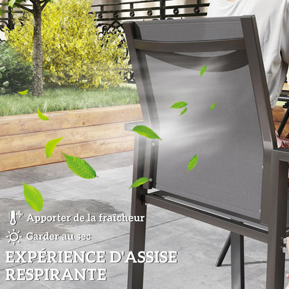 Set of 2 stackable outdoor breathable garden chairs with armrests, in aluminum and textilene for garden, pool, terrace, dark gray