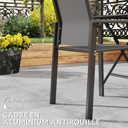 Set of 2 stackable outdoor breathable garden chairs with armrests, in aluminum and textilene for garden, pool, terrace, dark gray